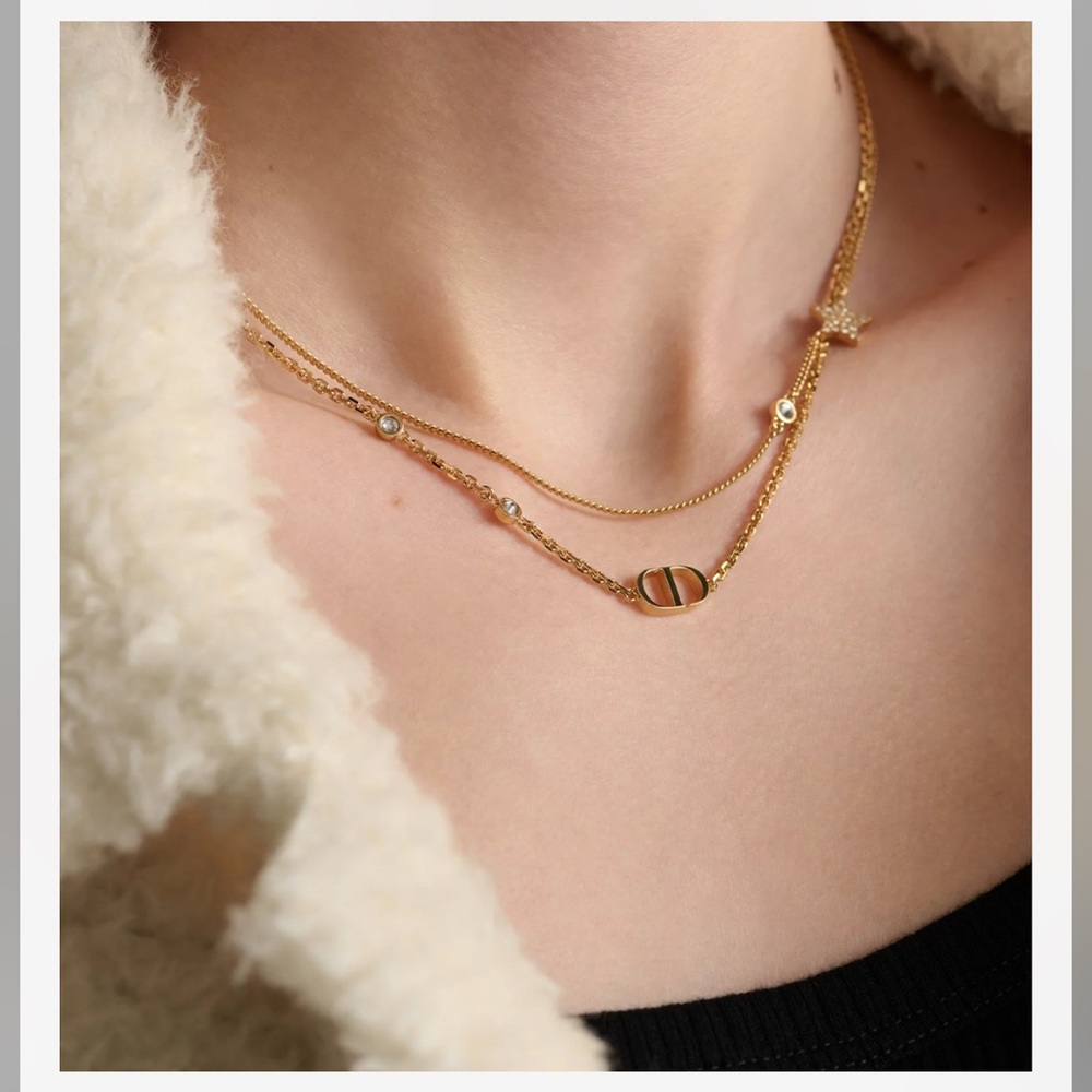 DIOR Petit CD Double Necklace Gold-Finish Metal & White Crystals